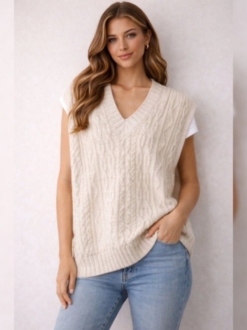 Anthropologie Sweater Vest Ivory Knit Oversized Prepppy Tennis Prep Small